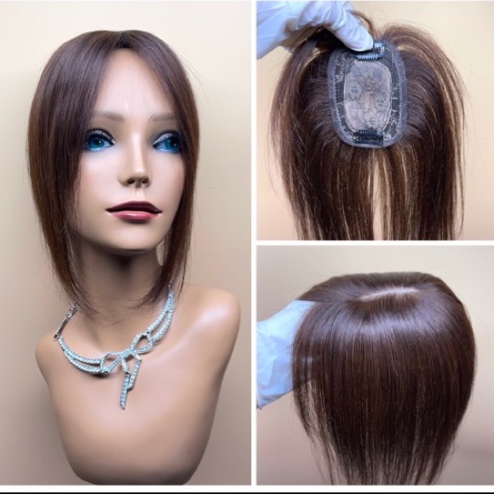 12”brown 100%human hair 55% density clip in topper